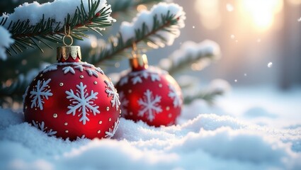 Classic Christmas ornament scene with red baubles in snow and glowing lights ideal for holiday greeting cards and marketing visuals