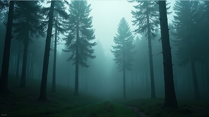 Mystical Forest Ambiance: The serene essence of the forest, where towering trees pierce a hazy sky, draped in an ethereal fog that evokes tranquility and a sense of wonder.
