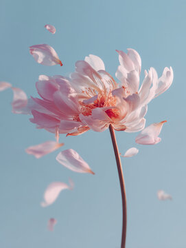 delicate pink flower losing petals in slow motion against soft blue sky, symbolizing fragility and transient beauty