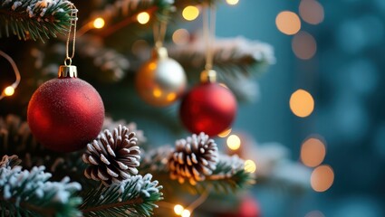 Beautiful decorated Christmas tree branch with ornaments and glowing lights ideal for winter celebration promotions