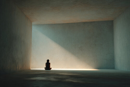 empty vastness - lonely person sitting in light of doorway in large concrete room