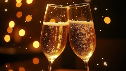 Festive celebration scene featuring champagne glasses and sparkling bubbles suitable for luxurious party visuals and invitations