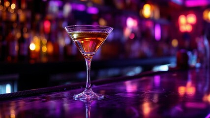 Classic cocktail sitting on a bar counter with a colorful and blurry neon background of a nightclub - Powered by Adobe