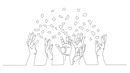 Celebration of success with confetti falling on raised hands and cheering audience