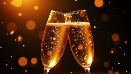 Close-up of champagne toast with glowing bokeh lights ideal for celebration themes, party invitations, and holiday promotions