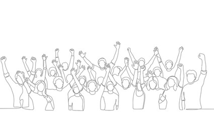 Crowd of Rejoicing Individuals: A dynamic line art illustration captures a vast crowd of anonymous individuals, arms triumphantly raised in a powerful display of unity and celebration. 