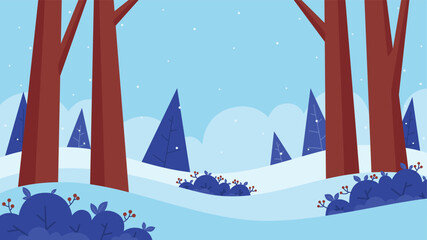 Winter forest landscape flat illustration with stylized bushes, tree, and snowy hills suitable for holiday designs, banner, and Christmas events.