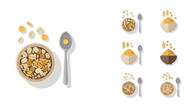Collection of illustrated breakfast cereal bowls with oats, walnuts, and flakes, shown with spoons from a top-down view.