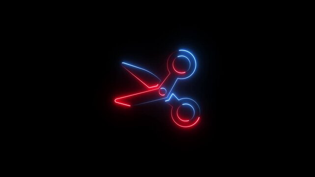 Neon scissors icon . Neon glowing scissor icon animation in black background.
