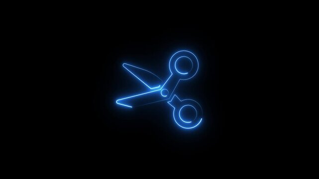 Neon scissors icon . Neon glowing scissor icon animation in black background.