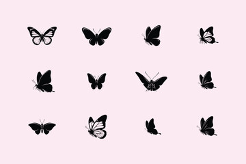 Collection of delicate black butterfly silhouettes arranged on a soft pastel pink background