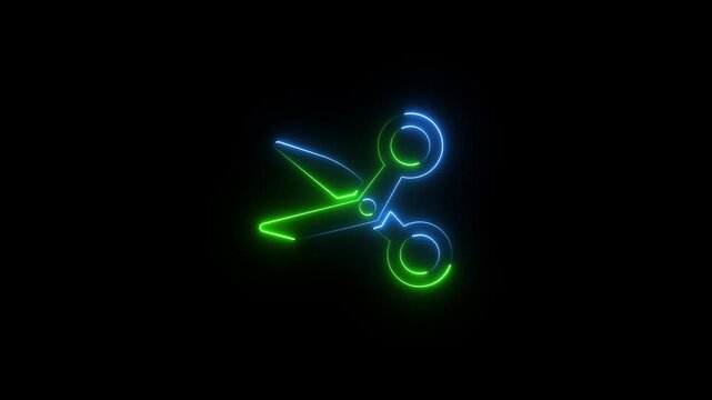 Neon scissors icon . Neon glowing scissor icon animation in black background.