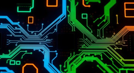 Dark abstract motherboard background with intricate circuit patterns glowing in neon green, blue, and orange, symbolizing technology, AI, and digital data