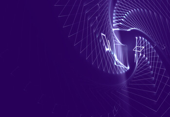 Naklejka premium dynamisches geometrisches Muster mit leuchtenden Linien in verschiedenen Farben in spiralförmigen Anordnung, Technologie, Daten, Internet, Wissenschaft, Produktion, 3D, Forschung, Industrie, violett 
