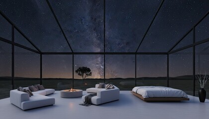 Modern minimalist bedroom with glass ceiling revealing starry night sky and milky way galaxy with a cozy seating area and fireplace outside in the serene landscape