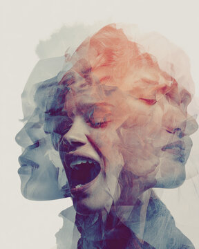 double exposure portrait with multiple overlapping transparent screaming female faces