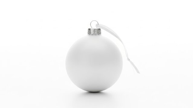 Wei&szlig;e Weihnachtskugel mit silberner Aufh&auml;ngung und feiner Schnur auf hellem Hintergrund in minimalistischer festlicher Optik Generative KI