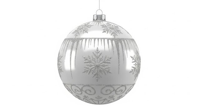 Silberne Weihnachtskugel mit Schneeflocke und ornamentaler Verzierung auf wei&szlig;em Hintergrund in eleganter festlicher Optik Generative KI