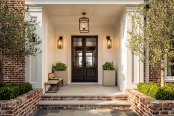 The front entrance of a contemporary house features a stylish brick facade surrounded by an array of vibrant plants, all set against a bright daytime backdrop