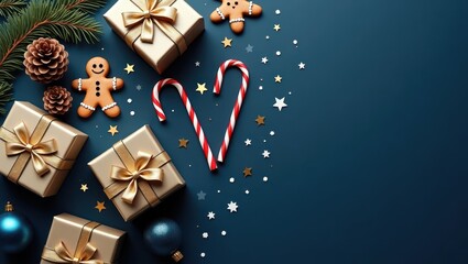 Decorative holiday layout featuring gift boxes, gold ornaments and candy canes on blue surface for winter celebration graphics