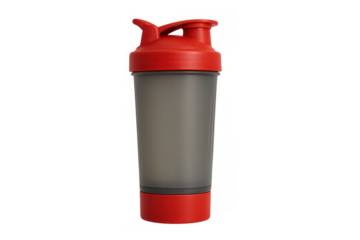 Protein shaker bottle, red cap and base with grey opaque container, fitness drinkware, for gym workout supplements isolated