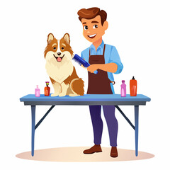 Professional Pet Groomer Brushing a Happy Corgi Dog on a Grooming Table