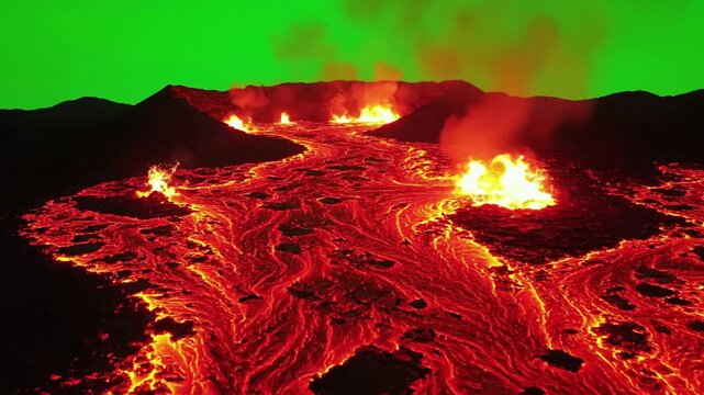 Volcanic Eruption Simulation with abstract lava patterns flowing smoothly effect green screen lava flow style featuring lava flow,