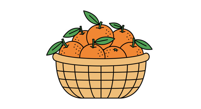 Flat vector illustration of a wicker basket full of fresh mandarin oranges (or tangerines) with green leaves