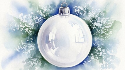 Gl&auml;nzende wei&szlig;e christbaumkugel vor winterlichem bokeh und schneeflocken im aquarellstil als festliche hintergrundgrafik Generative KI