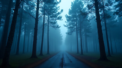 Mystical Pathway: A hauntingly beautiful view of a road stretching through a dense, fog-laden forest, the towering trees creating a sense of wonder and mystery. 