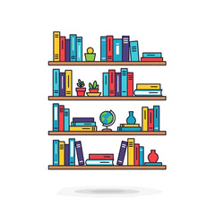 Colorful Bookshelf Illustration Featuring Books, Plants, and Decorative Objects.