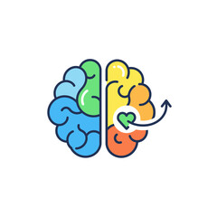 Colorful Brain Illustration with Heart Symbol and Curved Arrow, Representing Emotions and Thought.