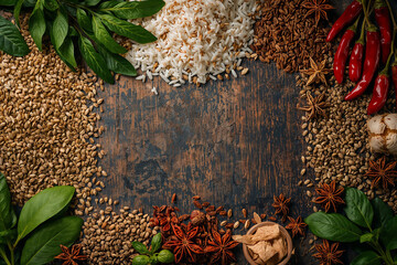 A composition of various Asian food items against a textured, weathered wooden background
