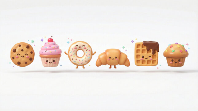 A vector row of adorable bakery items such as cupcakes, donuts, cookies, and bread loaves illustrated as kawaii characters.Soft pastel colors and smooth vector shading make it perfect for bakery brand