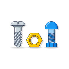 Colorful cartoon hardware set featuring a silver slotted screw, a golden hex nut, and a blue dome-head bolt.