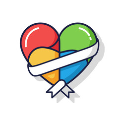 Colorful Cartoon Heart with Ribbon, Featuring Red, Green, Yellow, and Blue Sections.