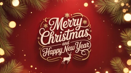 Festive Merry Christmas and Happy New Year greeting with ornate golden typography on classic red background ideal for ads, banners, and print designs