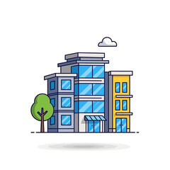 Colorful Cartoon Illustration of Modern Buildings with Blue Glass Windows and Yellow Accents.