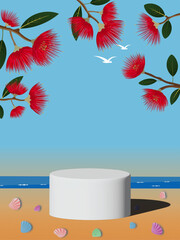 3D vector illustration podium against festive background of pohutukawa tree, iconic New Zealand Christmas tree, beach, seashells. Empty circle 3D pedestal stage for online e-commerce product display.