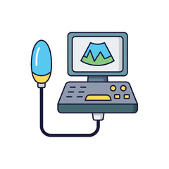Colorful Cartoon Ultrasound Machine Displaying Mountainous Medical Imagery.