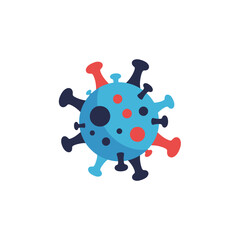 Obraz premium Colorful cartoon virus illustration of a blue coronavirus cell with red and dark blue spike proteins.