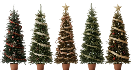 Four decorated christmas trees variety pack isolated on transparent background