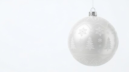 Wei&szlig;e weihnachtskugel mit zartem wintermuster vor hellem minimalistischem hintergrund mit viel freiraum f&uuml;r text Generative KI