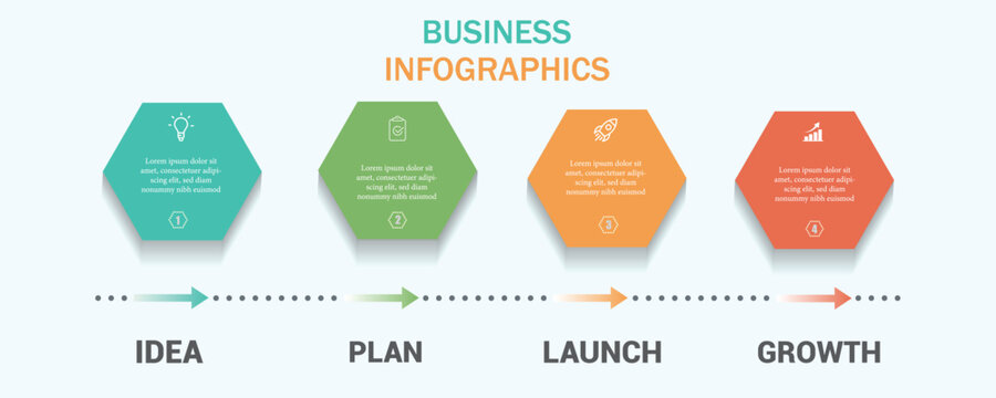 Timline infographic 4 hexagon options.Business infographic Vector with 4 steps.Business hexagon template with options for process diagram, workflow, timeline, web design.