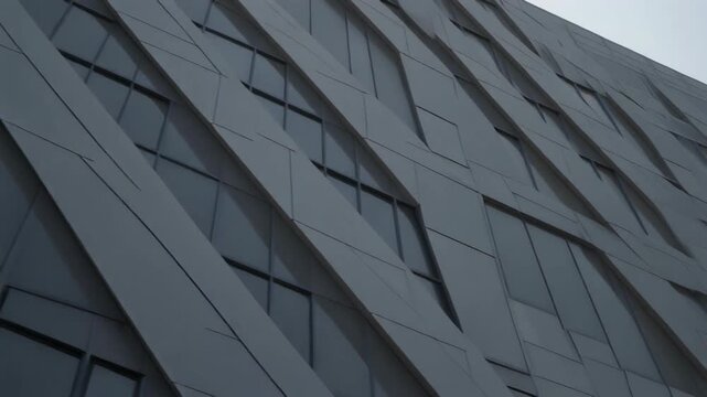 Angled view of building facade with dark glass and gray metallic panels, abstract design