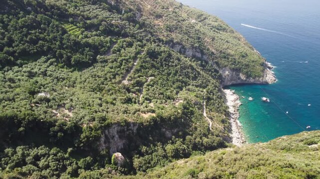 Amalfi coast from Punta Campanella near Sorrento. Amazing aerial view from drone in summer season