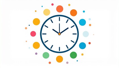 Creative Time Management Icon: Modern Clock Surrounded by Diverse Colorful Dots, Symbolizing Productivity and Planning