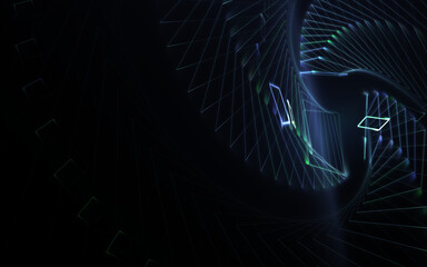 dynamisches geometrisches Muster in leuchtenden Linien in verschiedenen Farben in spiralförmigen Anordnung, Technologie, Daten, Internet, Wissenschaft, Produktion, 3D, Forschung, Industrie, blau, grün