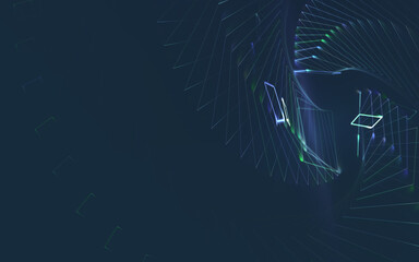 dynamisches geometrisches Muster in leuchtenden Linien in verschiedenen Farben in spiralförmigen Anordnung, Technologie, Daten, Internet, Wissenschaft, Produktion, 3D, Forschung, Industrie, blau, grün
