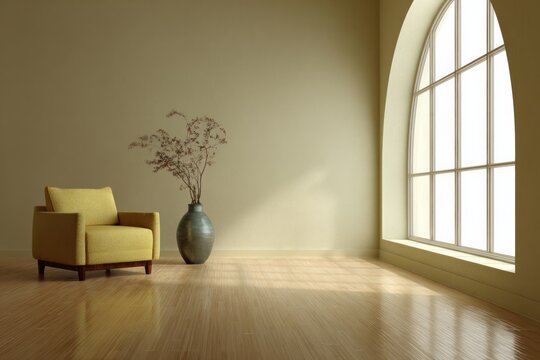 A yellow armchair and vase with dried flowers sit in a sunlit room.